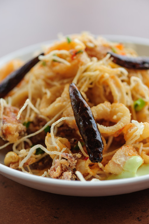 Asian Fried Calamari: rice noodles, peanuts, chiles and Thai sweet chili sauce