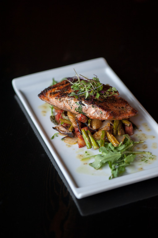 Grilled Atlantic Salmon with roasted asparagus, shiitake mushrooms, chorizo and fingerling potatoes with a citrus herb vinaigrette