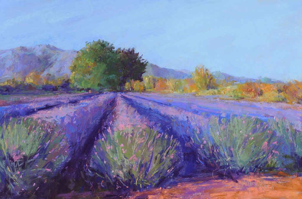 Kelly Milukas, Tiverton Milukas often explores rural places on native and distant travel adventures. Her pastels are a color charged interpretation of the experience. Lavender Field shows the foreground fields of New Zealand mountains in full violet bloom.  Website