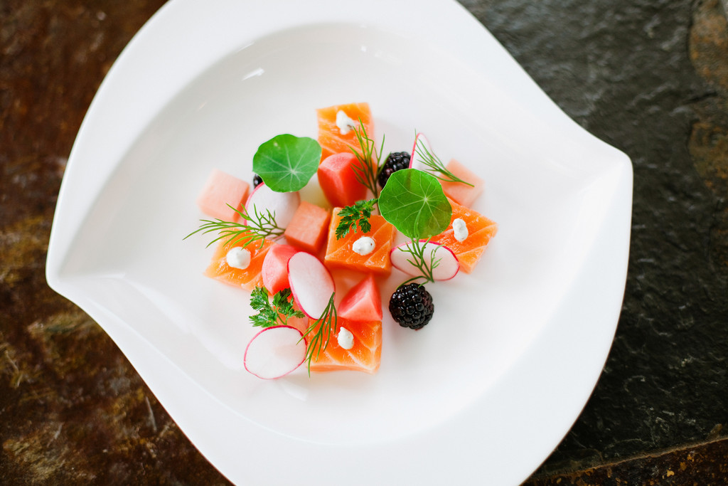 Citrus Cured Salmon - pickled and raw radishes, blackberries, mustard creme fraiche and citrus consomme