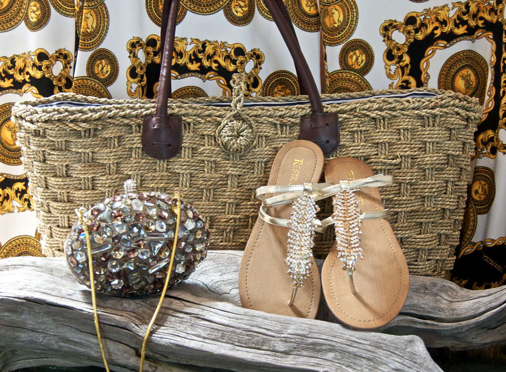 Bejeweled purse, $70; sandals $56