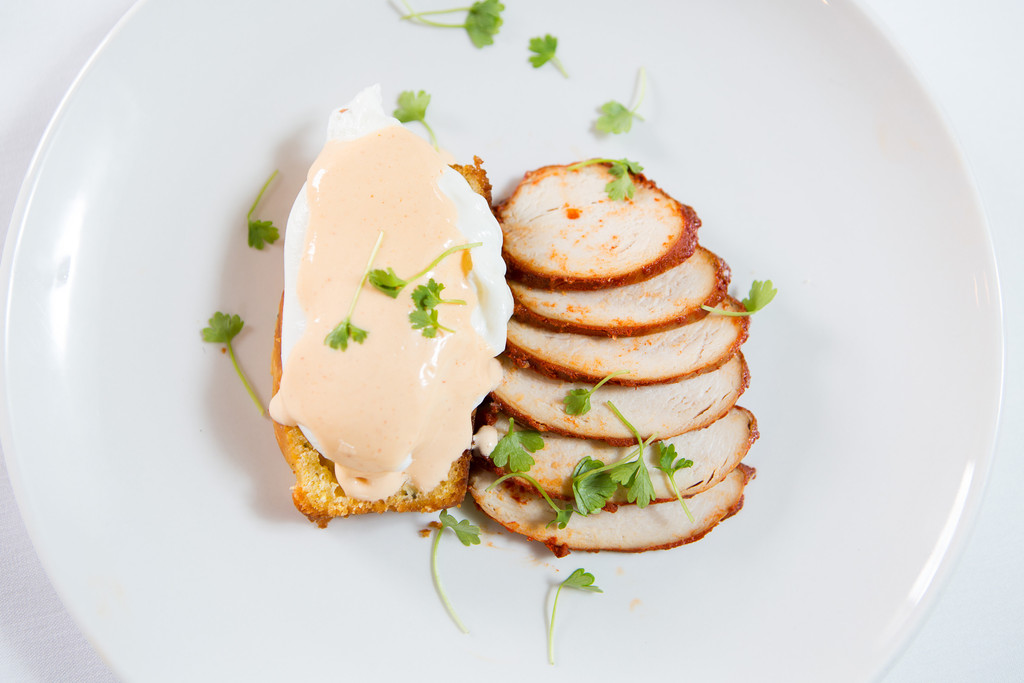 Paprika-smoked Chicken Benedict with hollandaise and poblano corn bread