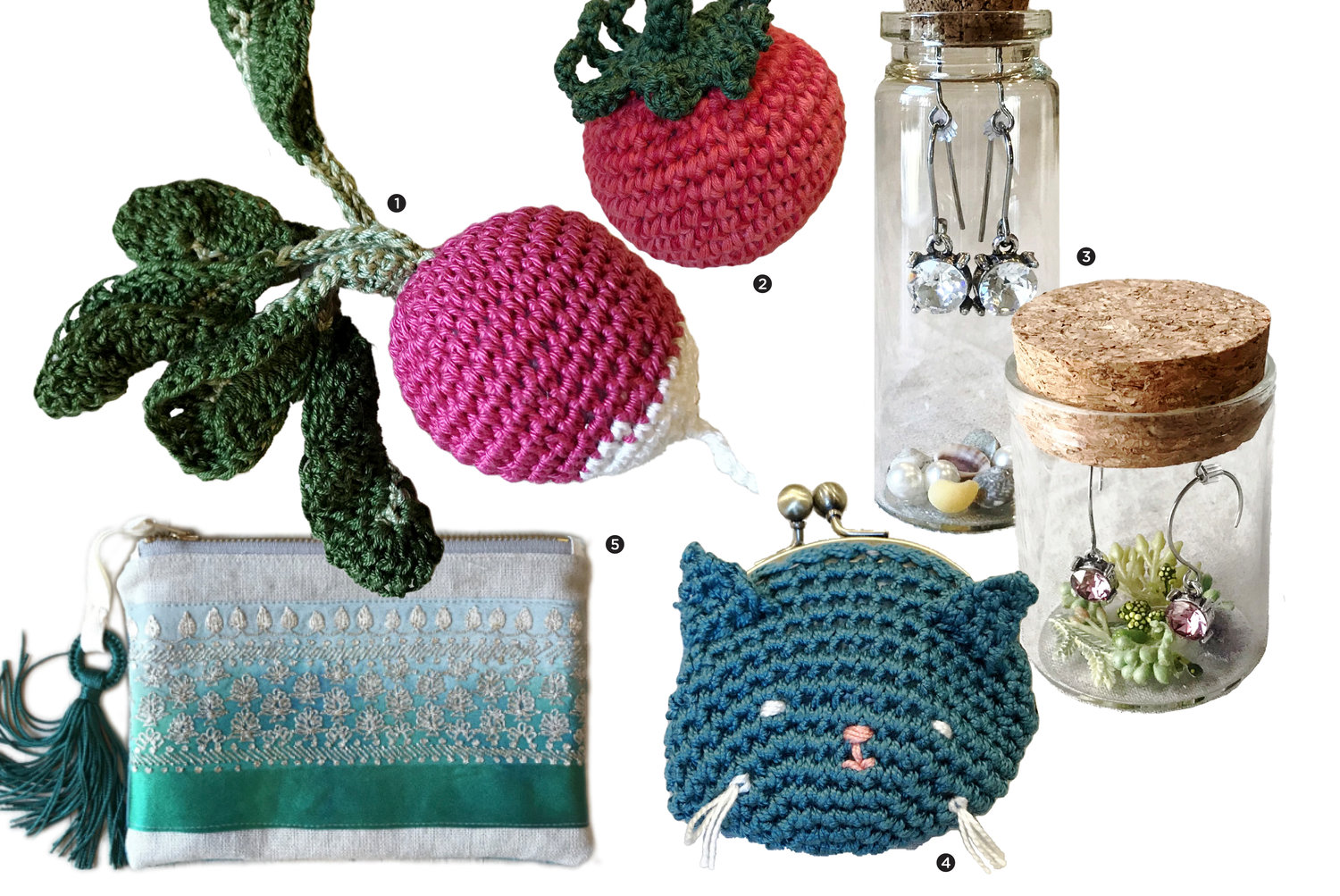 1. Cotton Crochet Radish; 2. Cotton Crochet Tomato; 3. Crystal Earrings; 4. Earbud Case/Coin Purse; 5. Zip Pouch.

FuzzyGoods.com