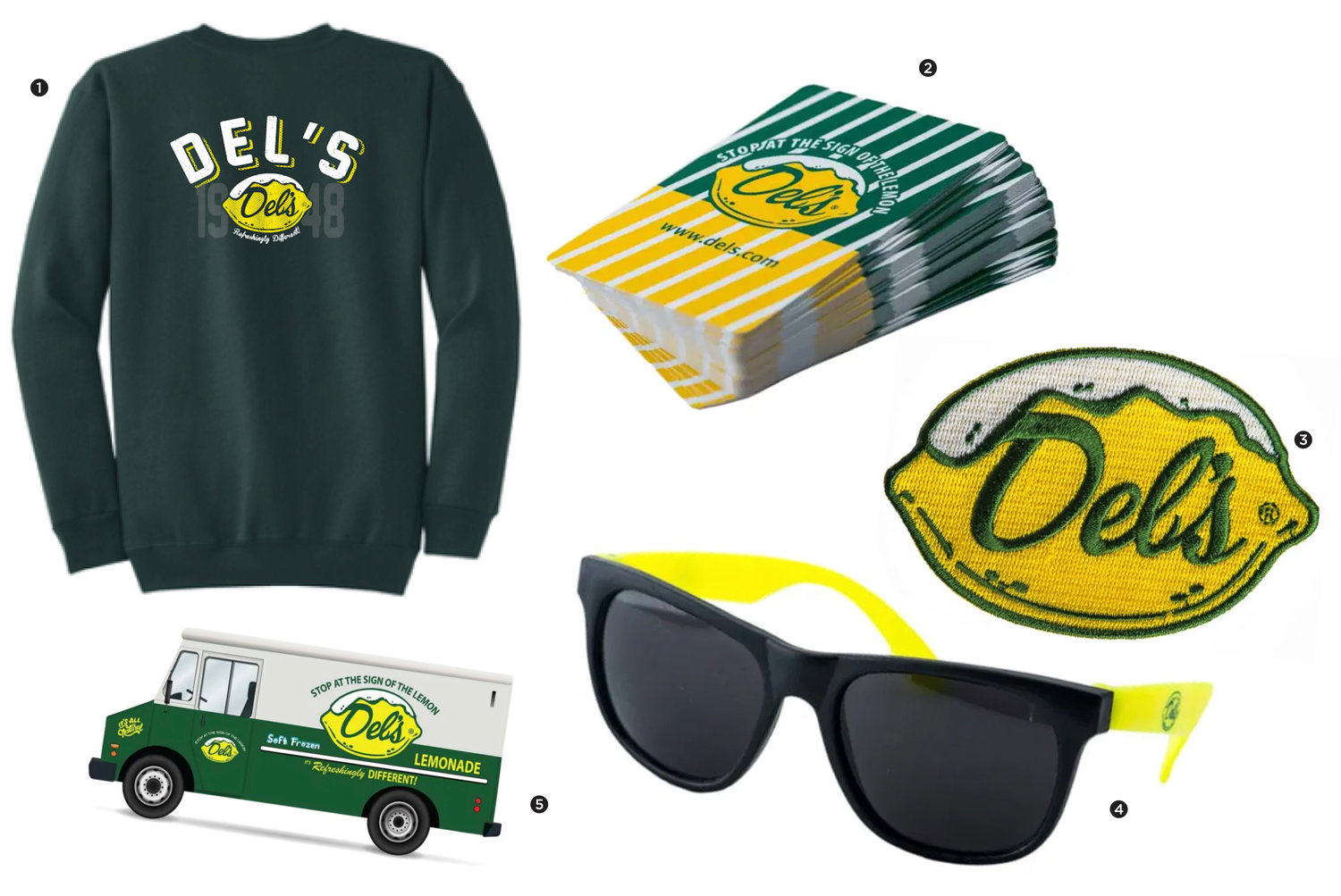 1. Del’s 1948 Sweatshirt; 2. Del’s Playing Cards; 3. Del’s Iron On Patch; 4. Del’s Sunglasses; 5. Del’s Lemonade Truck Sticker