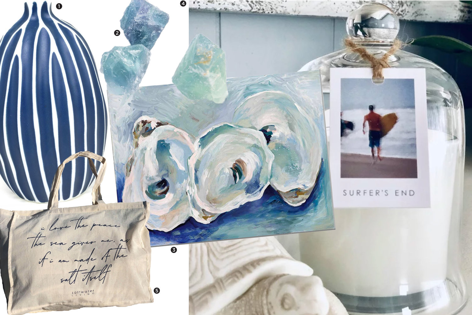 1. Blue Vein vase; 2. Fluorite crystals; 3. Oyster trio print; 4. Surfer’s End candle; 4. Tote bag