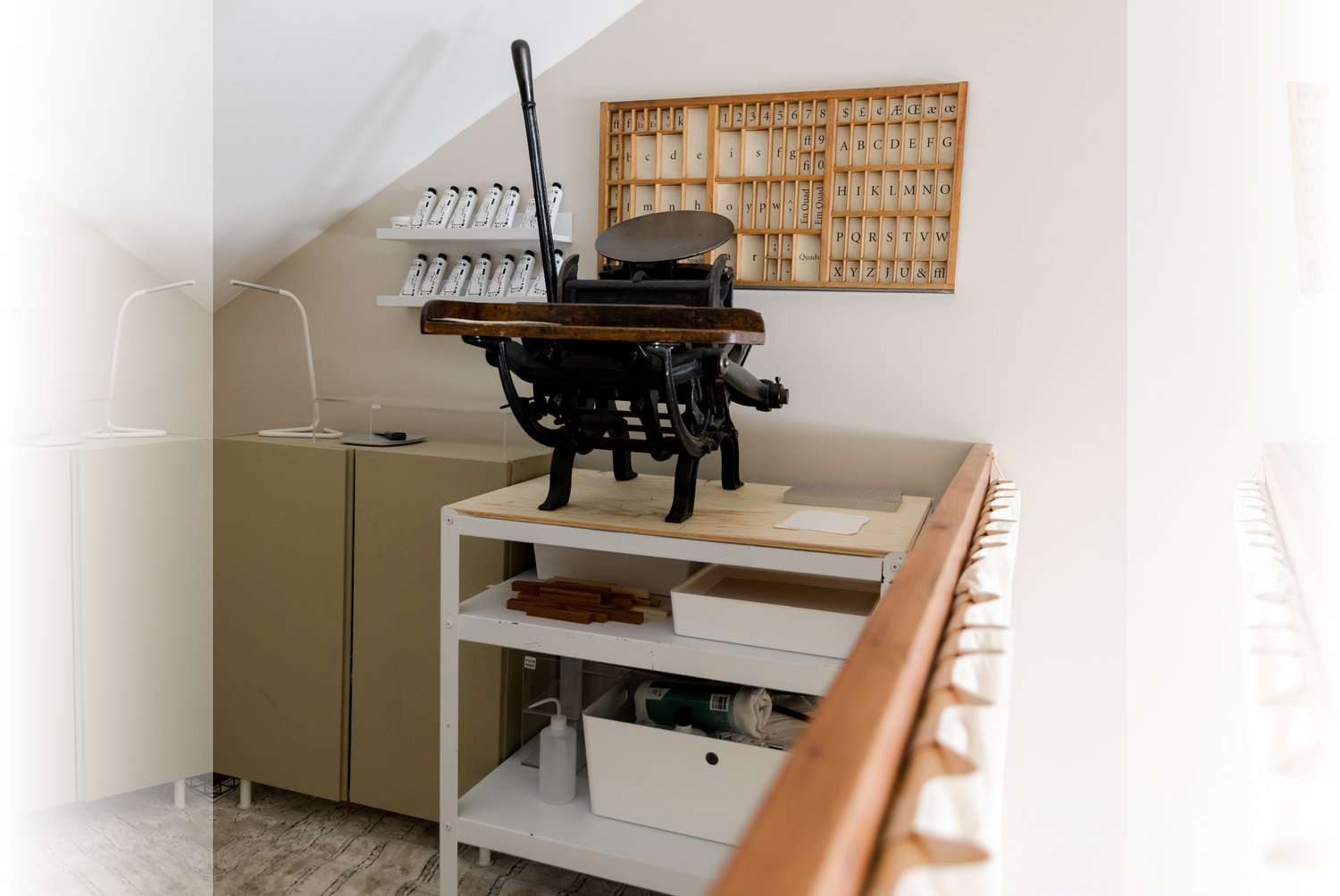 A letterpress and its accoutrements are both hobby and utilitarian art