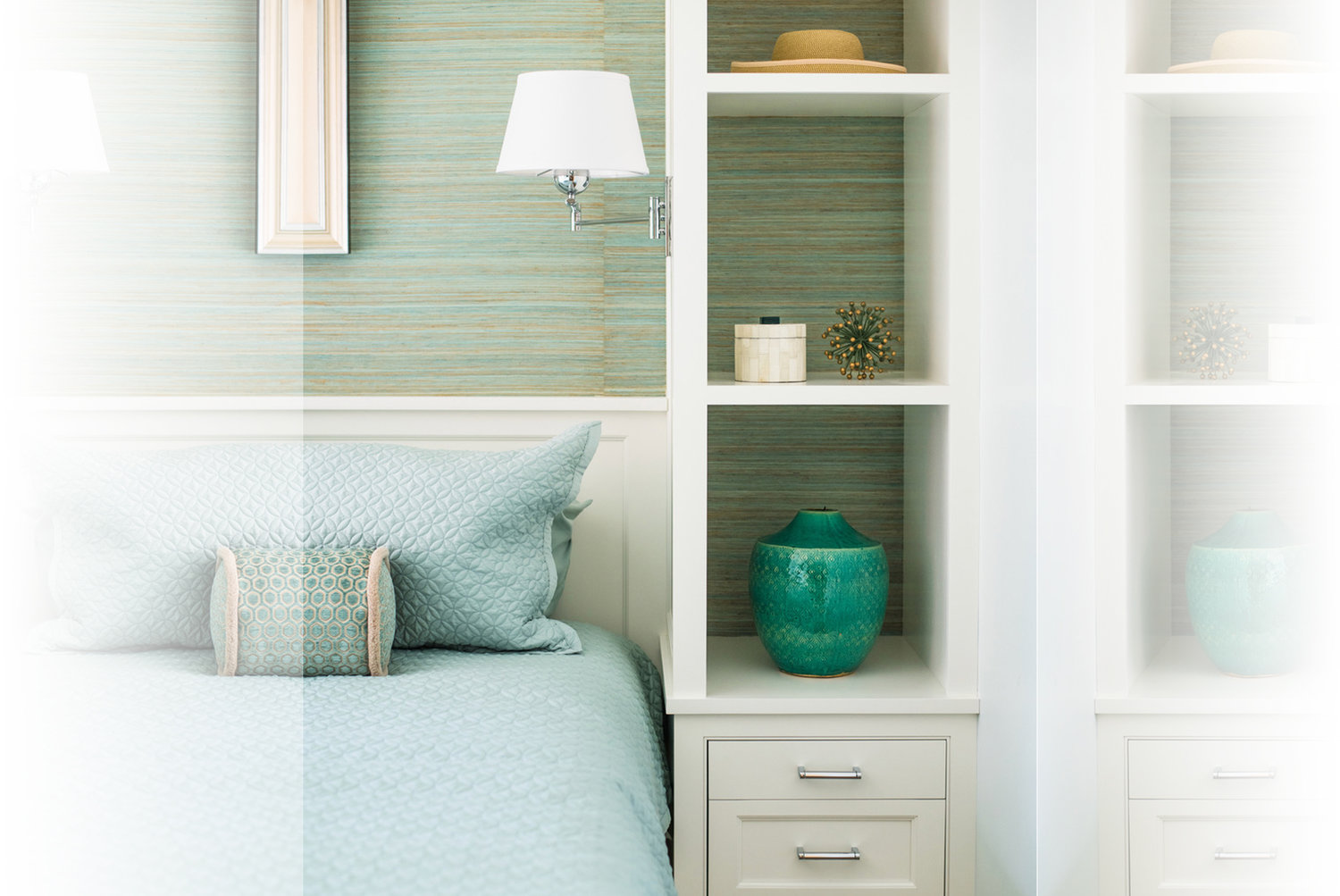 A built-in bookcase serves as a nightstand with display space.