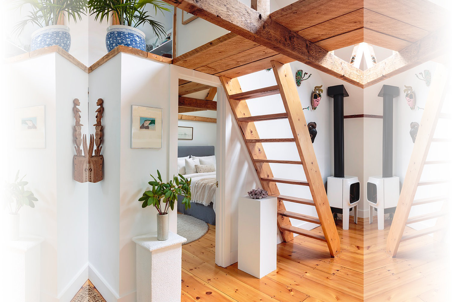 A pair of pedestals signals the entrance to the master bedroom. The ladder-like stairs lead to two small rooms,
one Andrea’s office, the other Bernadette’s studio. A 15-foot plank bridge links the two spaces, making the trek from one to the other a bit daunting for the uninitiated.