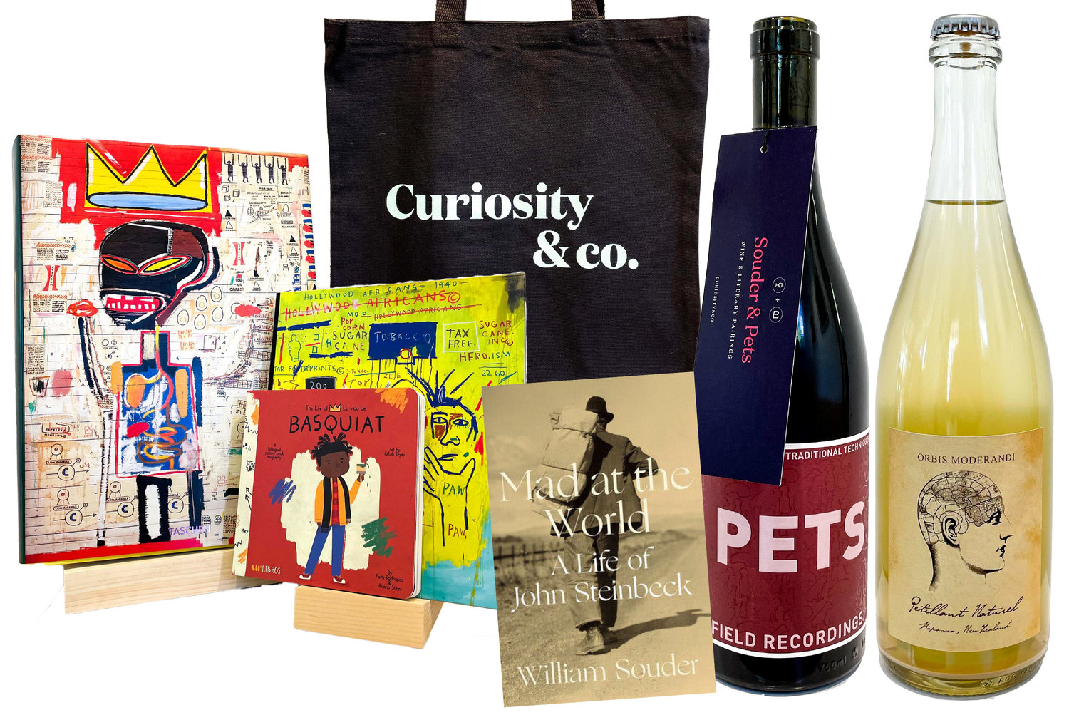 Basquiat Book Set, Tote Bag, Wine Pairing: Pets Wine + Mad at the World by William Souder, Orbis Moderandi Wine