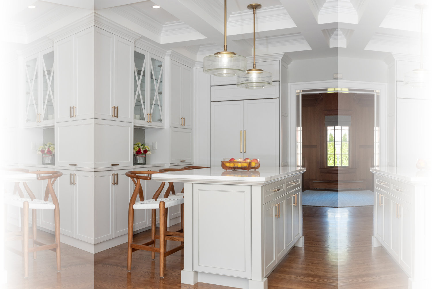 A coffered ceiling to hide a pipe was among the modifications prescibed in this kitchen remodel