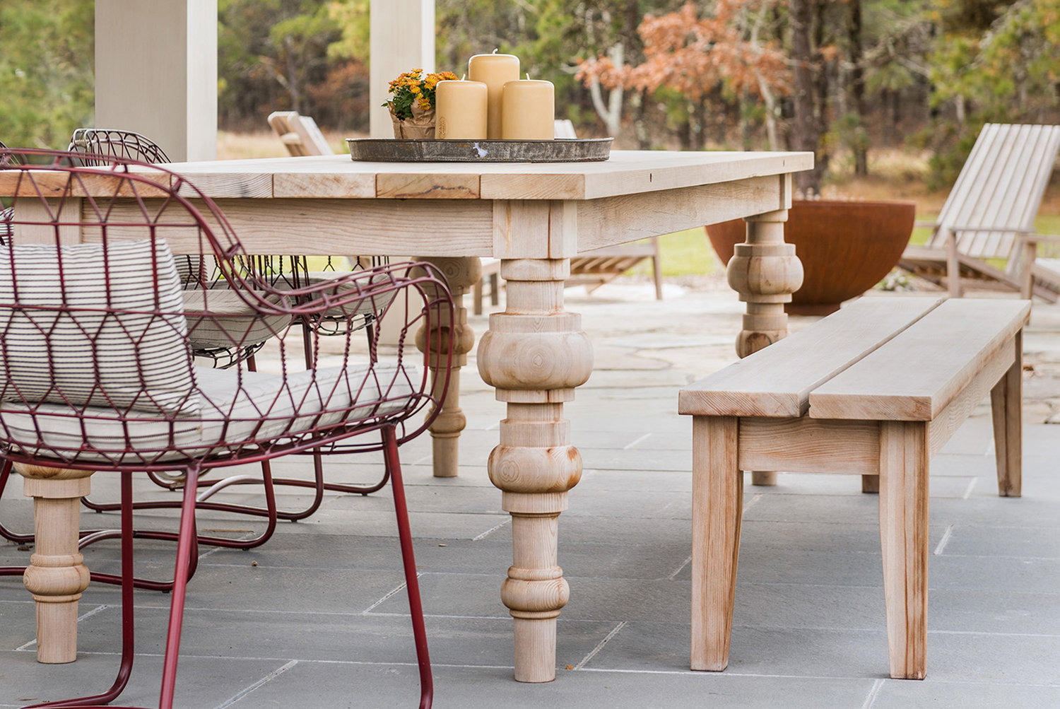 A collaboration with Hutker Architects, this patio table was inspired by an antique Parisian table and made with reclaimed late 1800s redwood from a New Hampshire navy yard