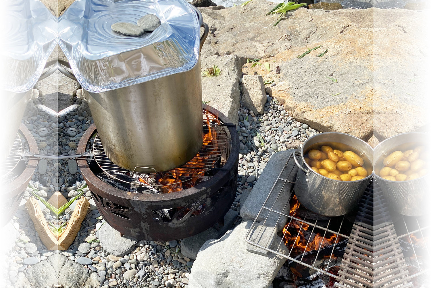 DeRego boiling potatoes in sea water at the beach