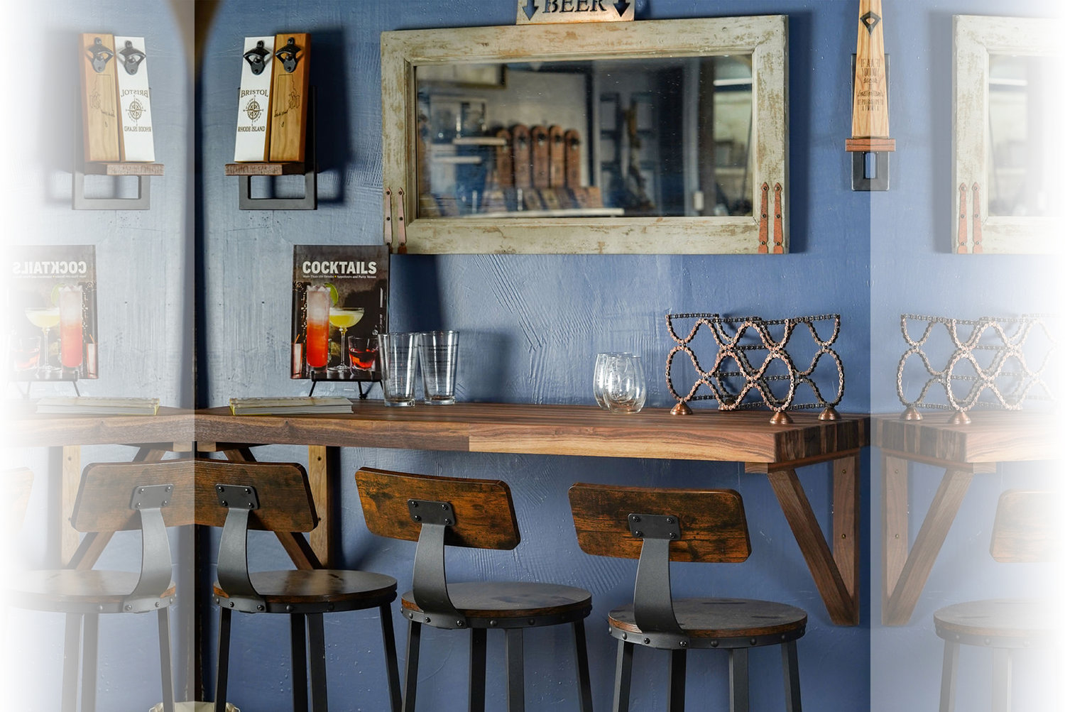 A rustic wall shelf is styled to entertain ideas