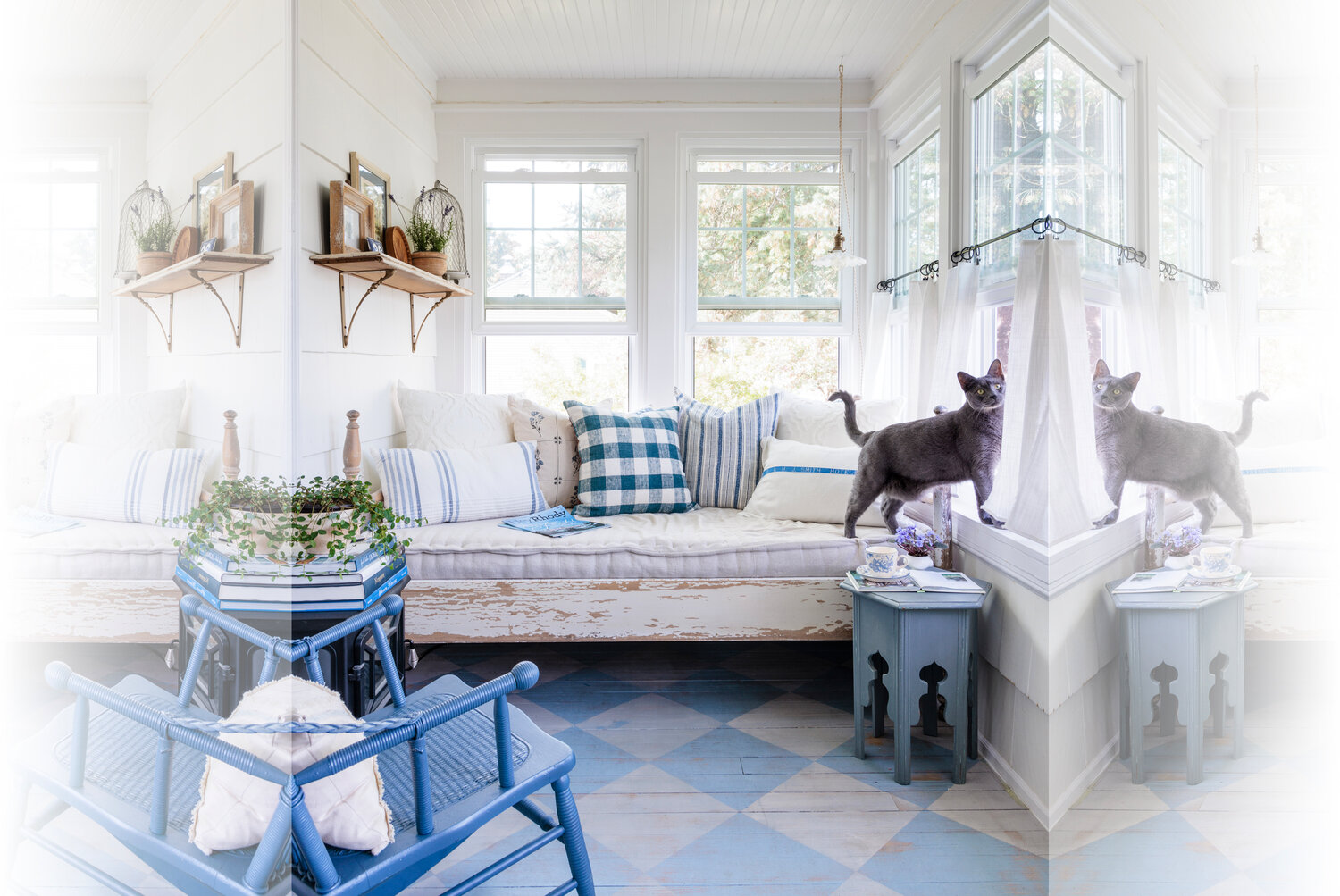 Kinghorn painted the porch floor, table, and rocking chair in her favorite blue hues. The vintage pillows/cushions continue the classic color palette