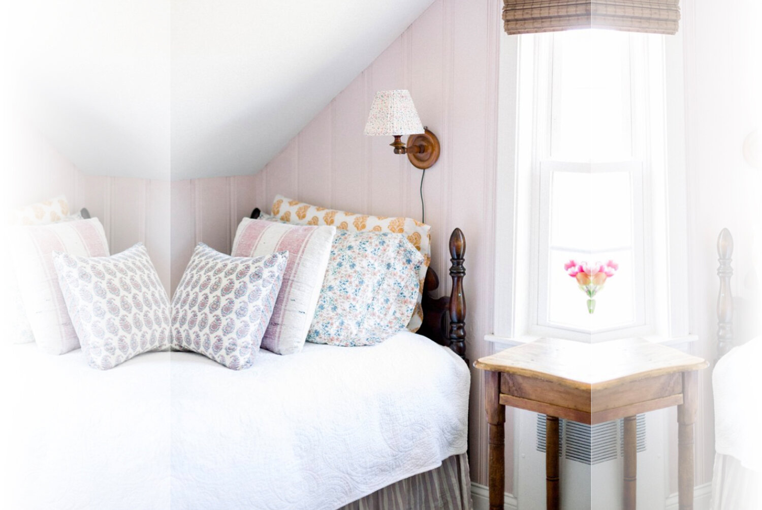 A mix of patterns keeps petal pink walls from getting twee